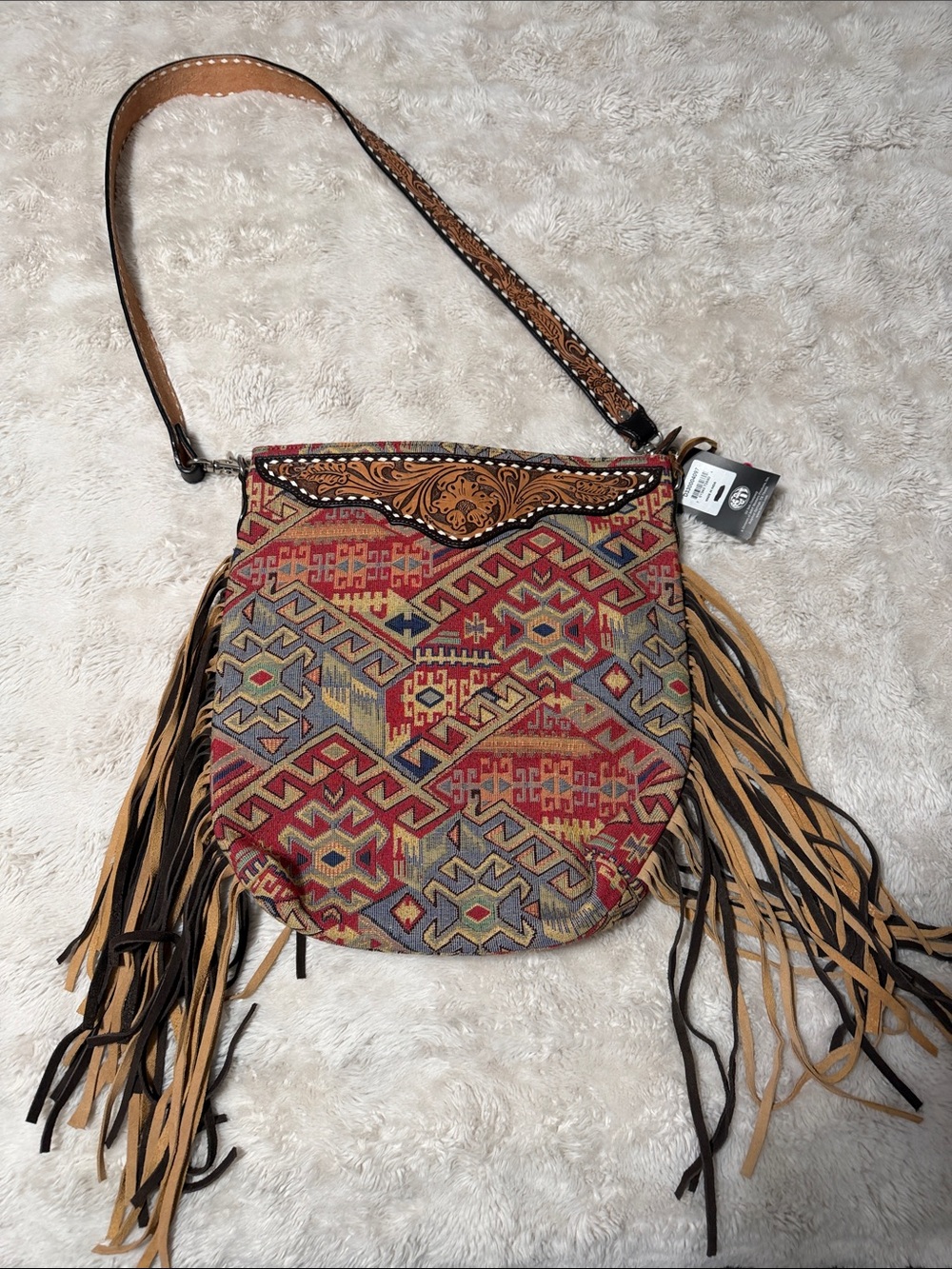 3D Belt Company Multicolor Woven Crossbody Bag with Tooled Brown Leather Trim
